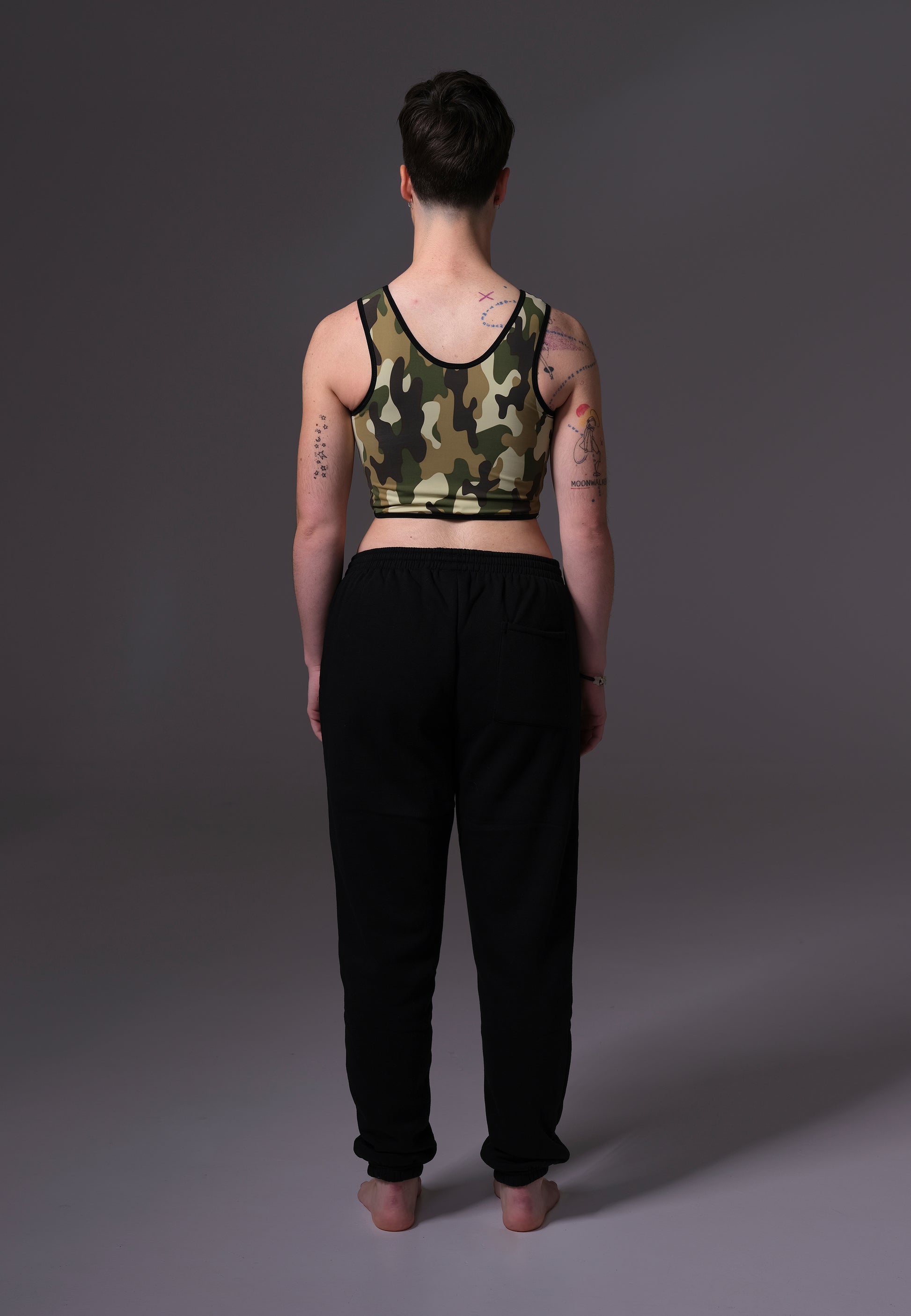 UNTAG trans ftm non binary chest binder camouflage short binder print top model back 2