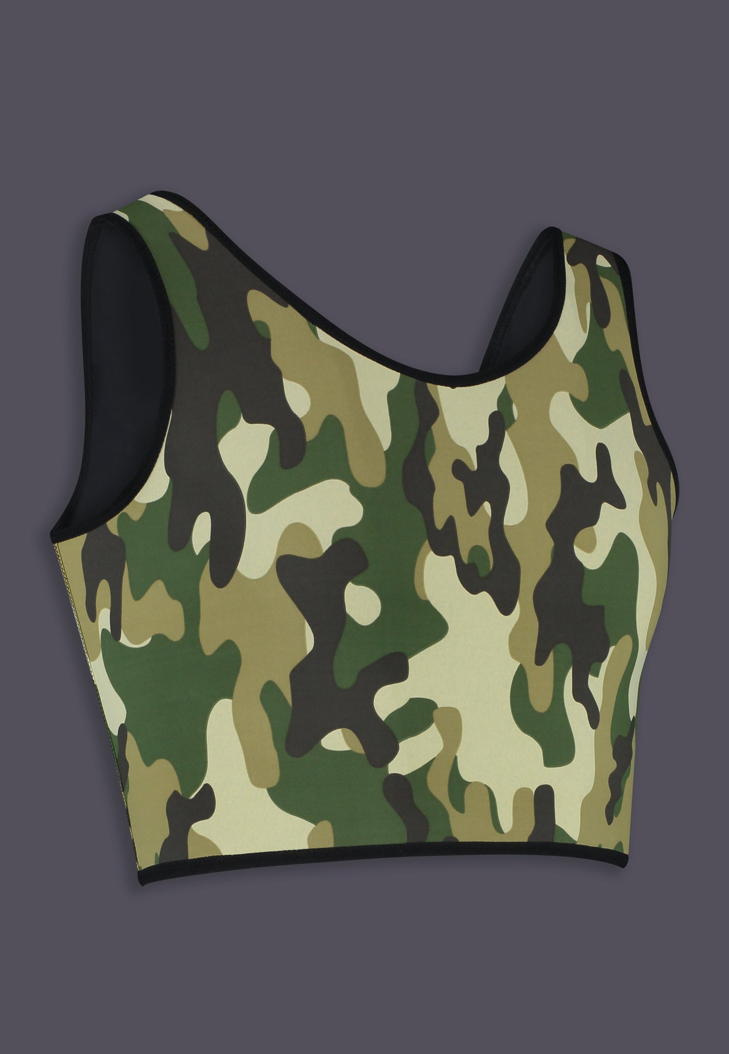 UNTAG trans ftm non binary chest binder camouflage short binder print top product front side