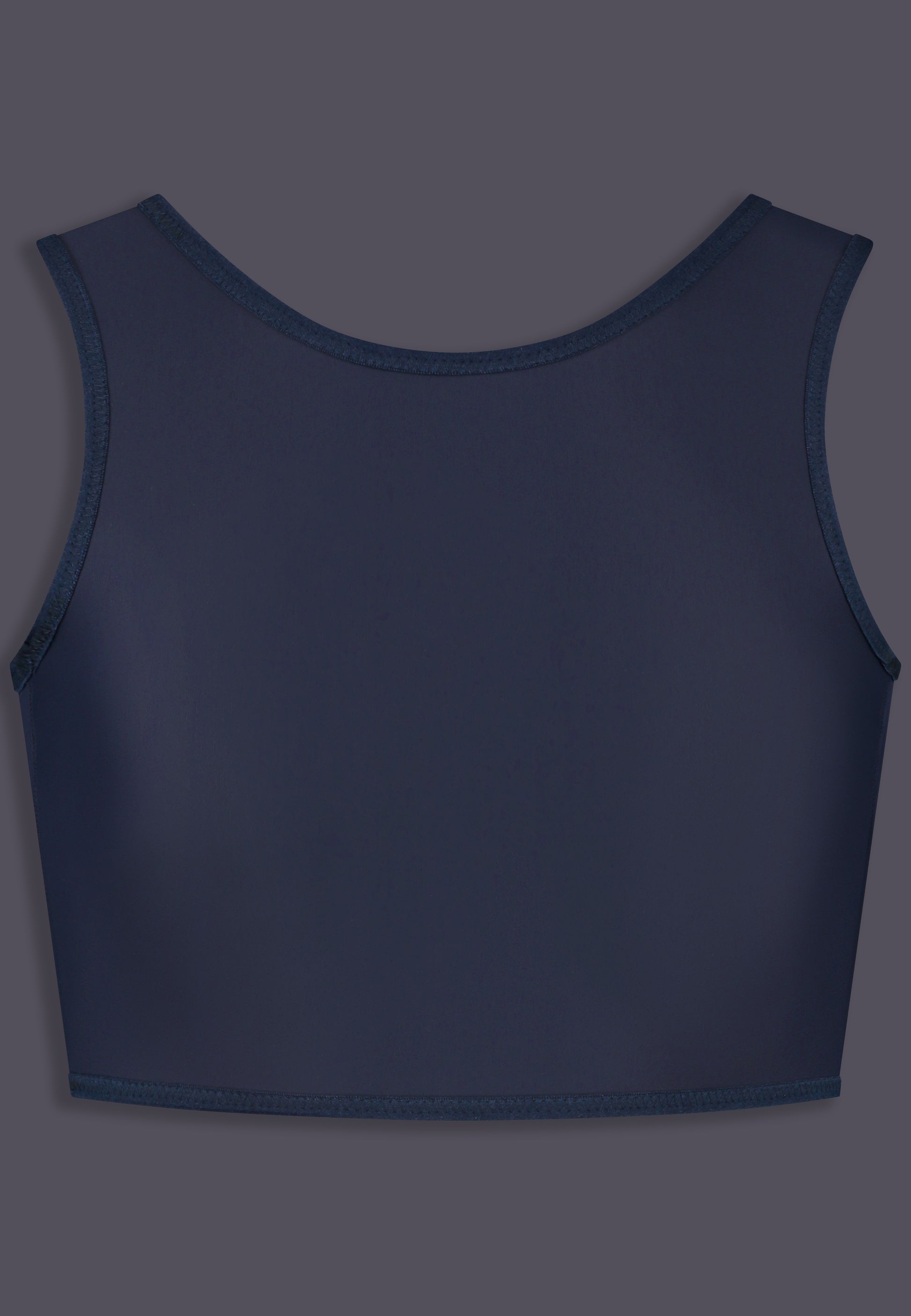 FtM trans fitted short chest binder dark blue back model LGBTQIA+