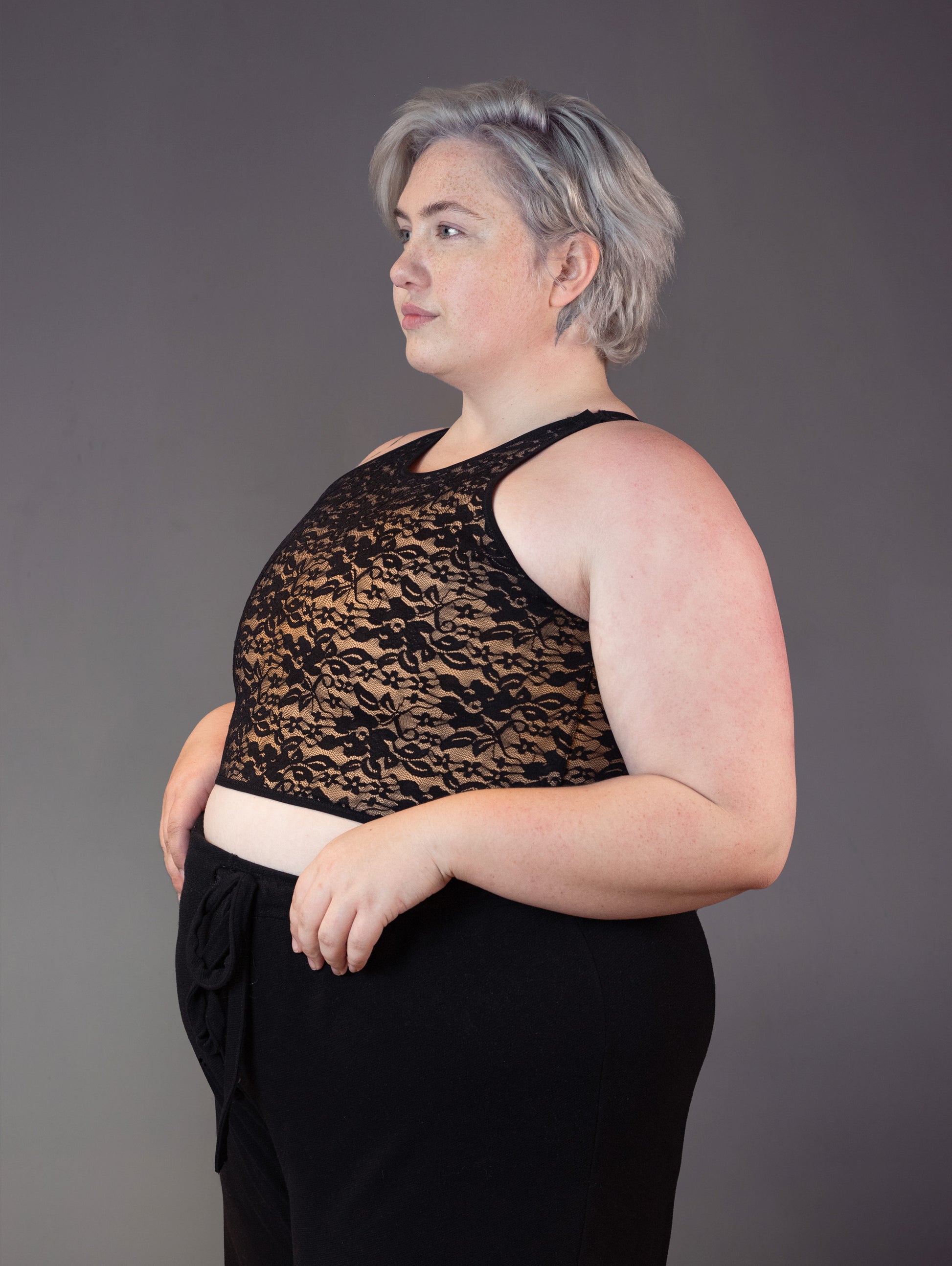 Lace Binder worn by curvy and non binary model Jeannette