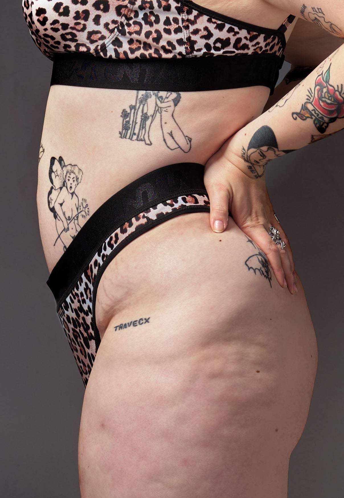 UNTAG MtF trans femme underwear high waisted tucking thong leopard model side zoom 2