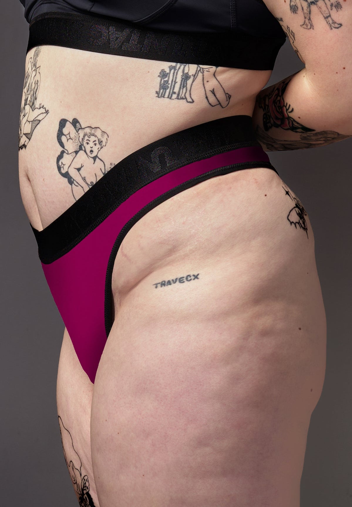 UNTAG trans mtf tucking thong hot pink model side