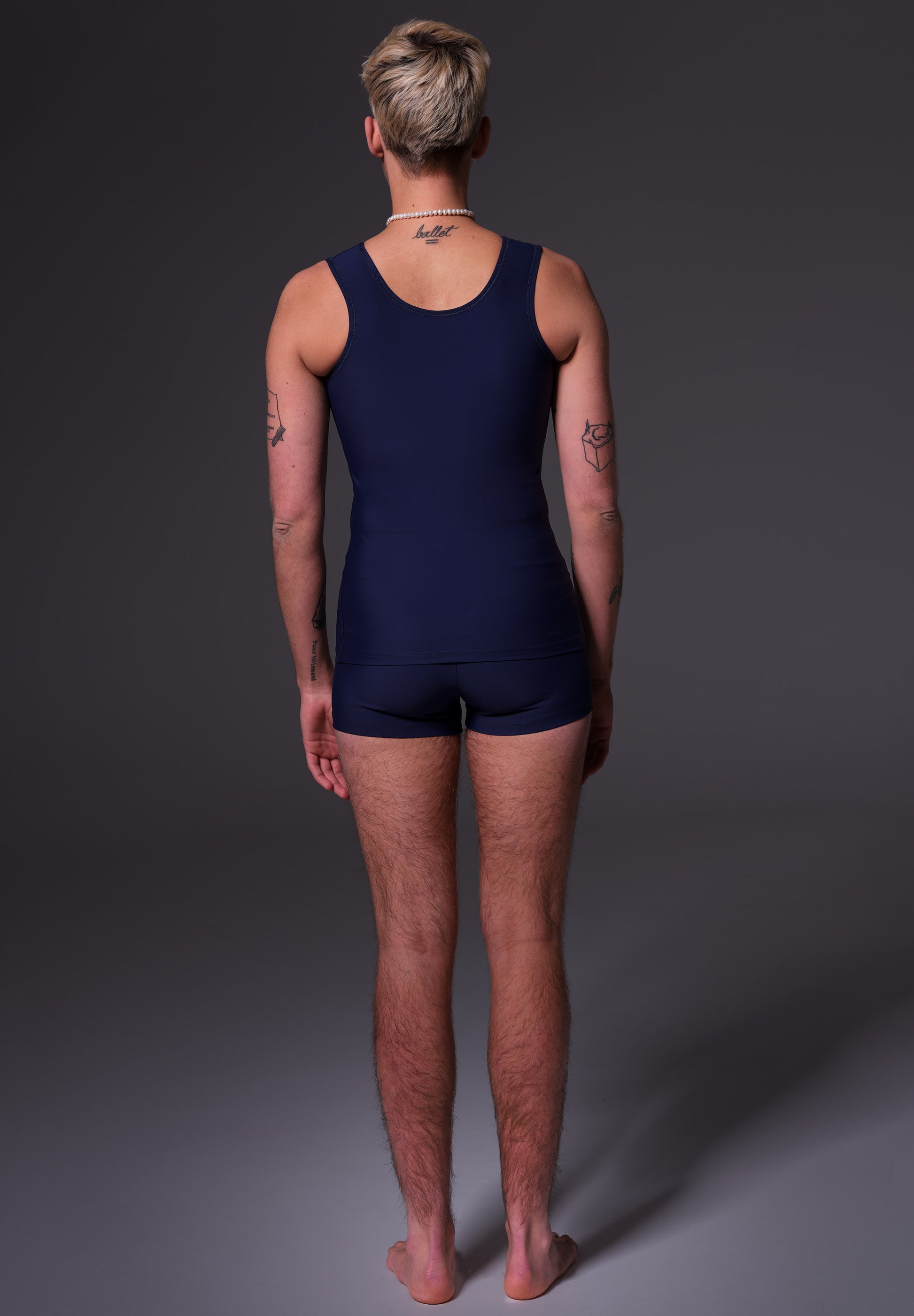 FtM trans fitted swimming built-in chest binder dark blue queer back model