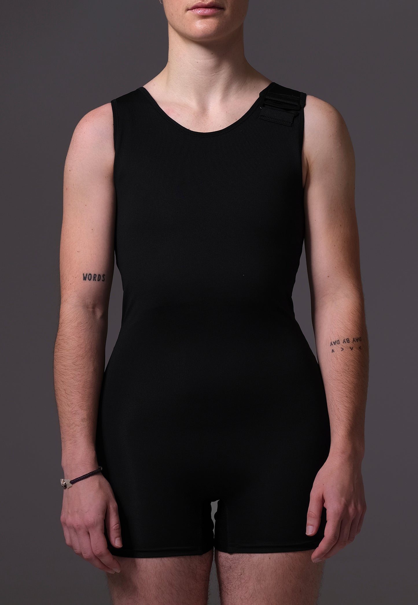 Swim Chest Binder Swimsuit with hook closure black FtM masculine trans swimwear - UNTAG - model front