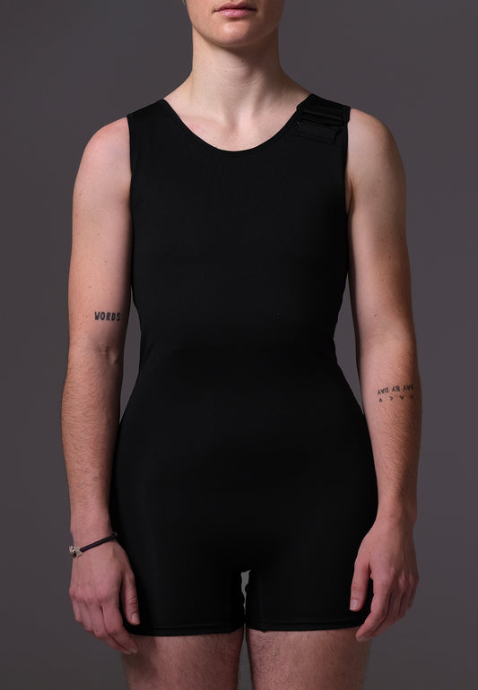 Swim Chest Binder Swimsuit with hook closure black FtM masculine trans swimwear - UNTAG - model front