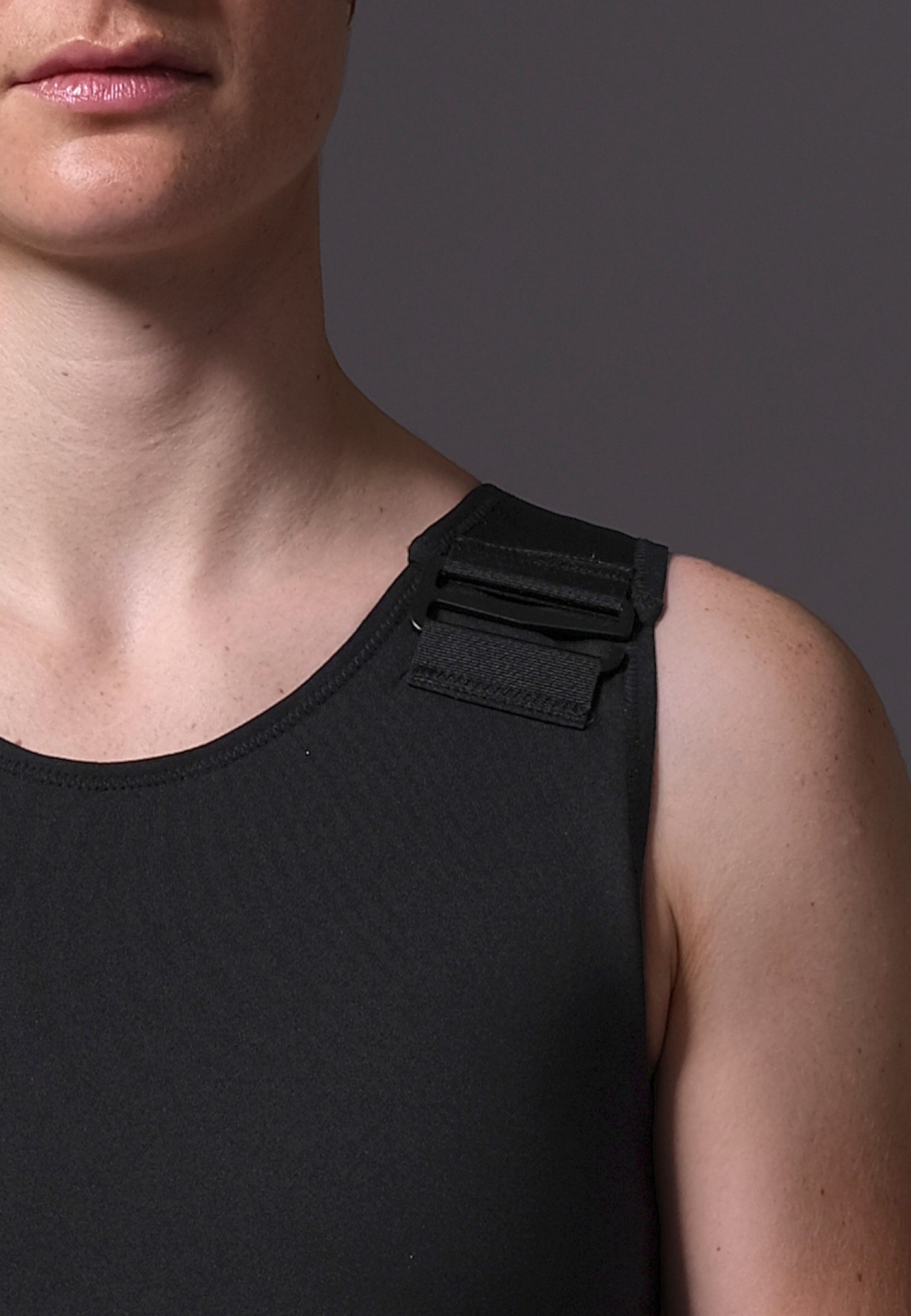Swim Chest Binder Swimsuit with hook closure black FtM masculine trans swimwear - UNTAG - model front closure detail
