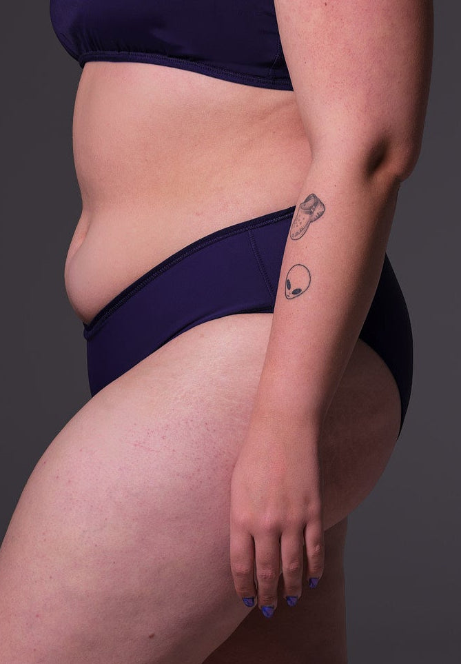 MtF trans Tucking Bikini Brief indigo front model queer side