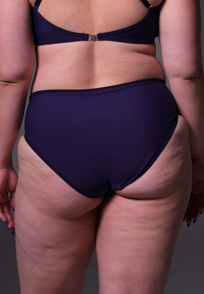 MtF trans Tucking Bikini Brief indigo front model queer back