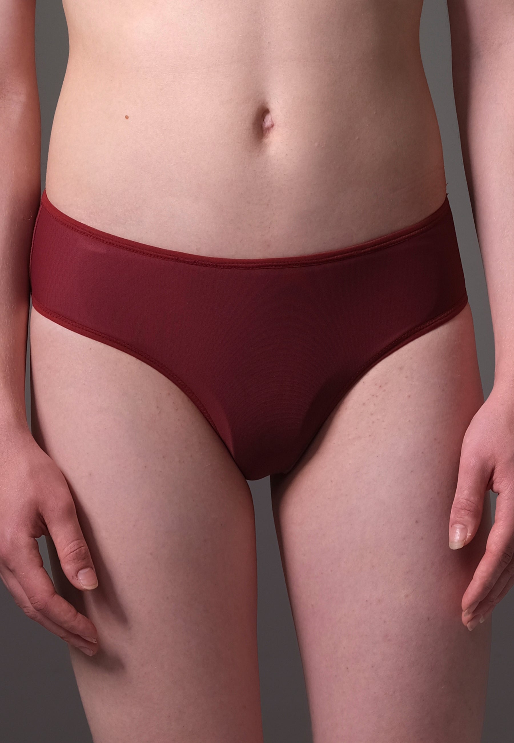 Burgundy tucking panties with the humphider worn by a person on a gray background