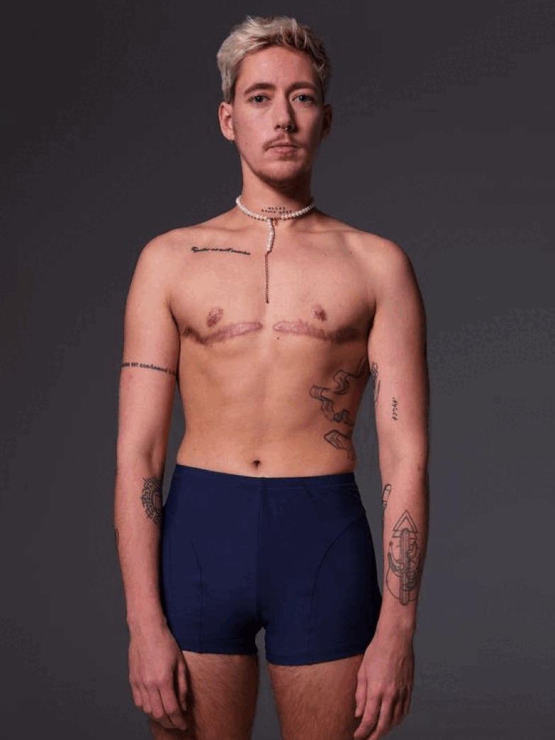 our model Mees models the swim shorts from multiple angles