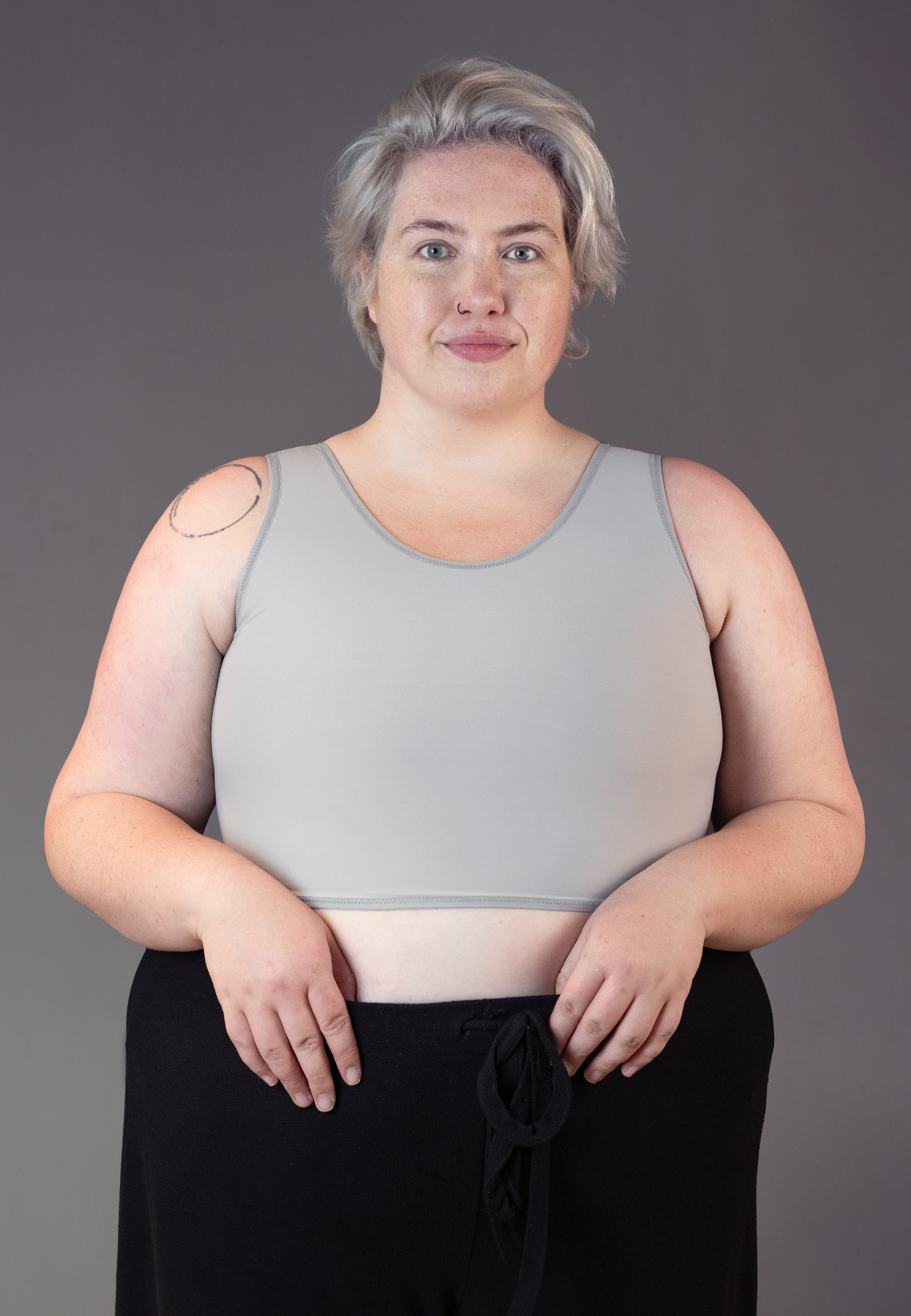 UNTAG short chest binder grey FTM trans masc non binary front