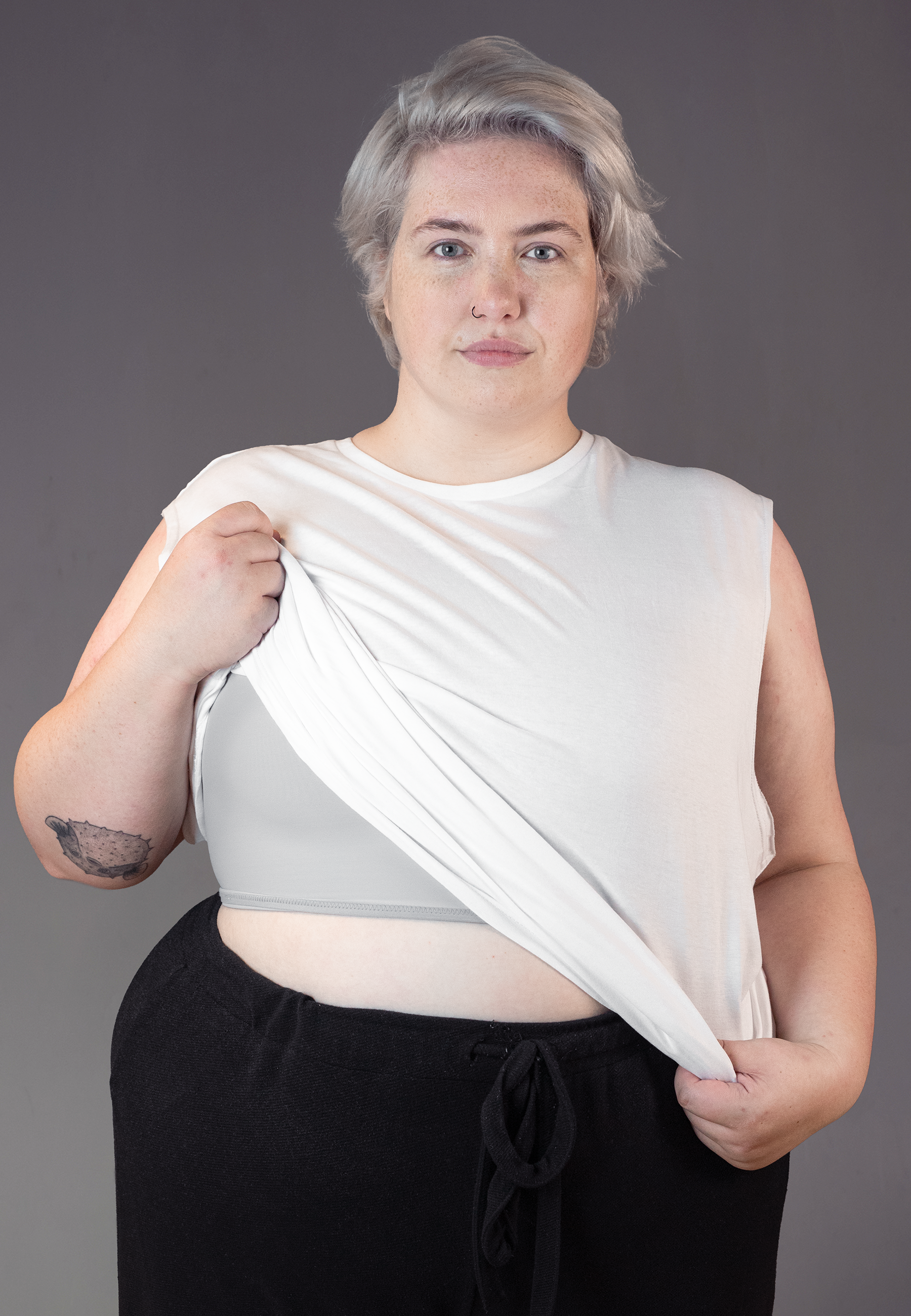 UNTAG short chest binder grey FTM trans masc non binary lighter clothes invisible 2