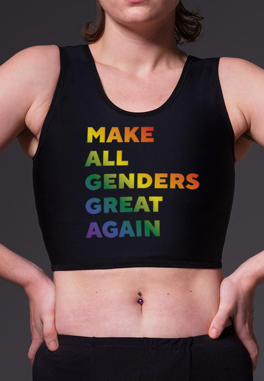 genderqueer model wearing a protest binder that says 'make all genders great again'