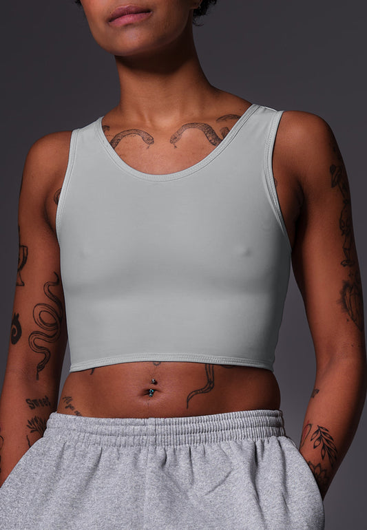 UNTAG FtM Trans Masc Non Binary chest binder cosplay short binder  grey model close up front