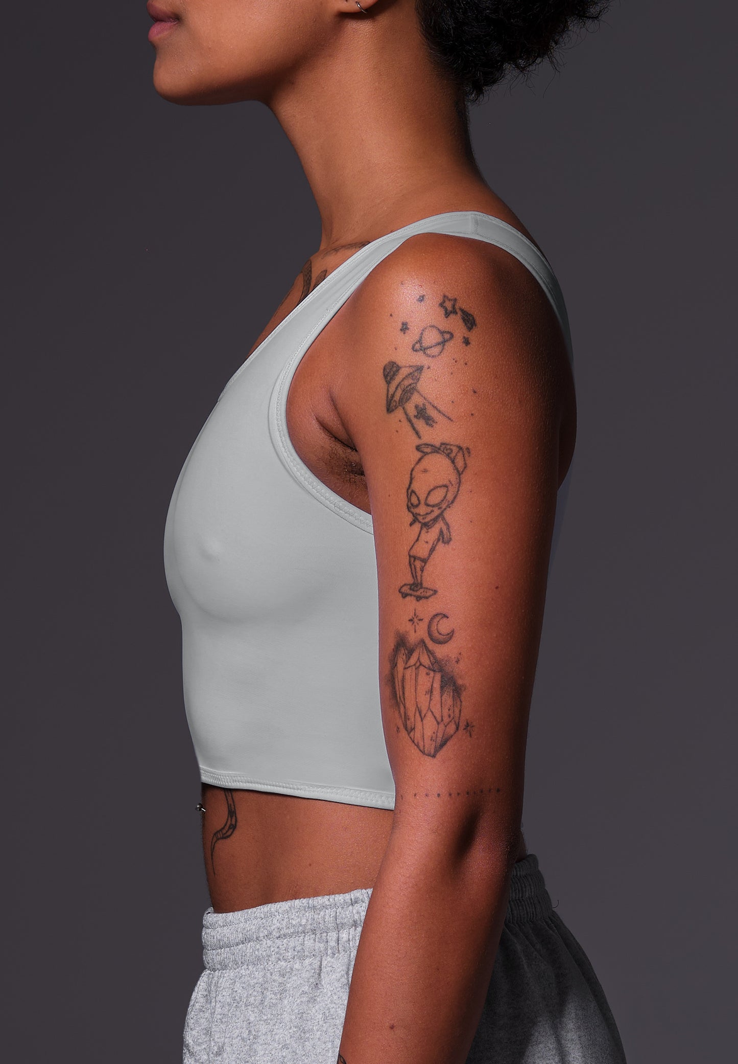 UNTAG FtM Trans Masc Non Binary chest binder cosplay short binder extra strong grey close up 1 side