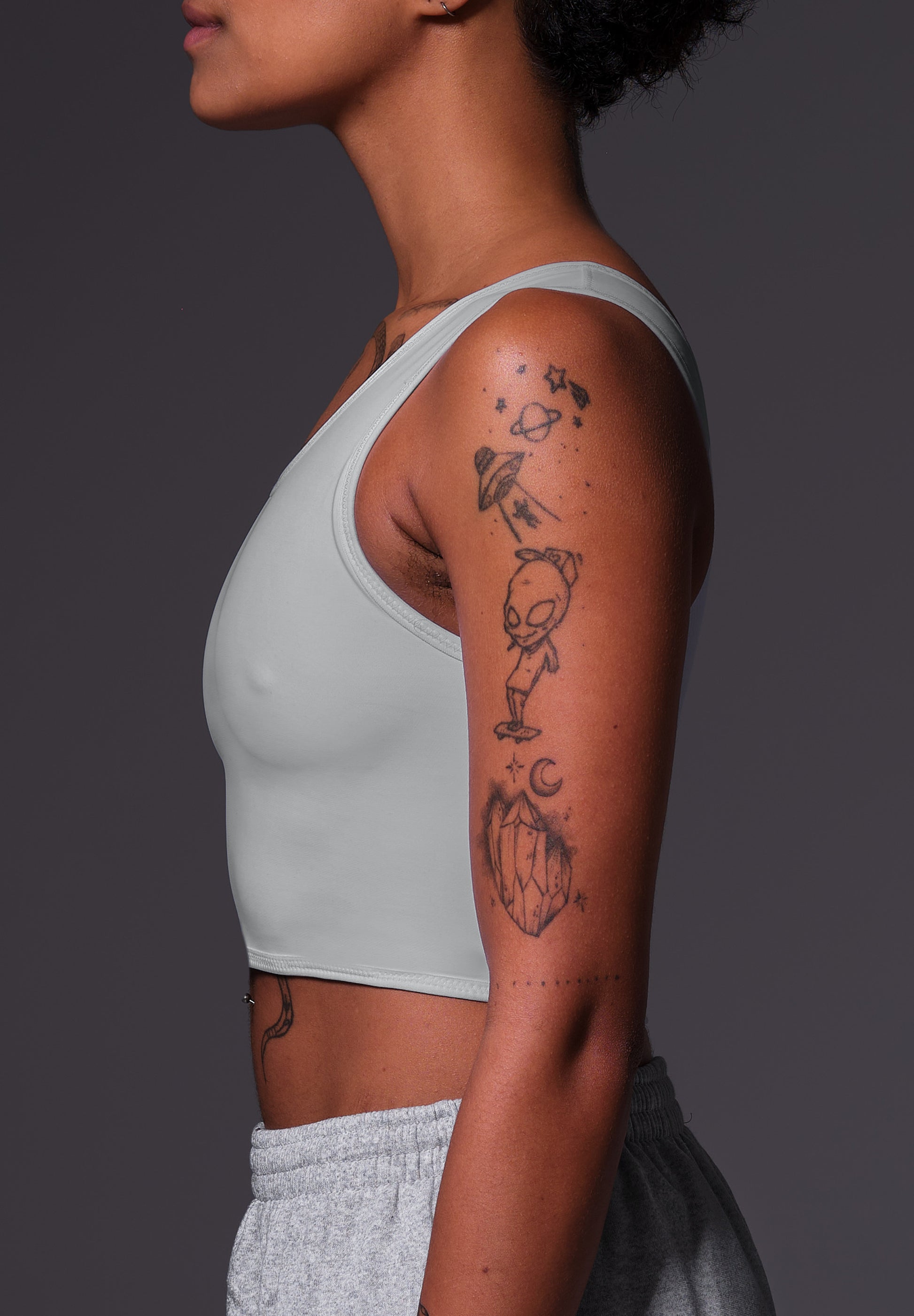 UNTAG FtM Trans Masc Non Binary chest binder cosplay short binder extra strong grey close up 1 side