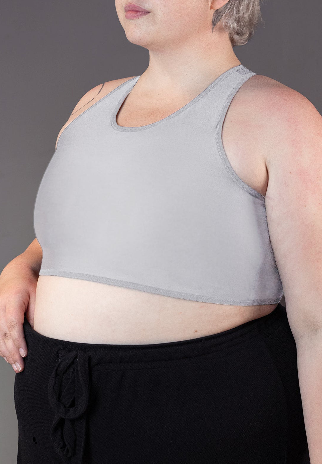 UNTAG FTM trans masc non-binary tank swim short chest binder grey close up model 