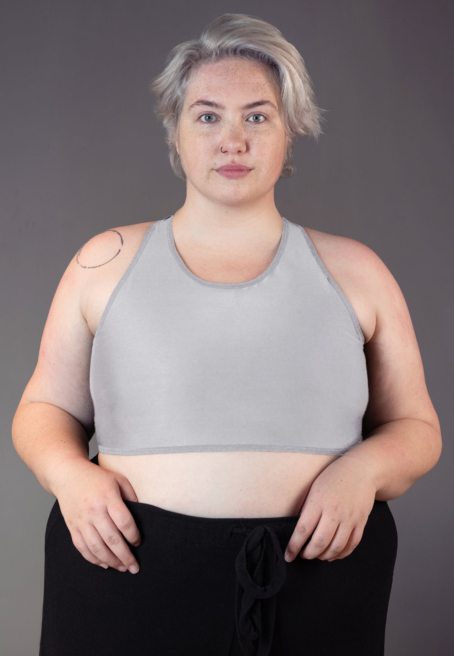 UNTAG FTM trans masc non-binary tank swim short chest binder grey front model 