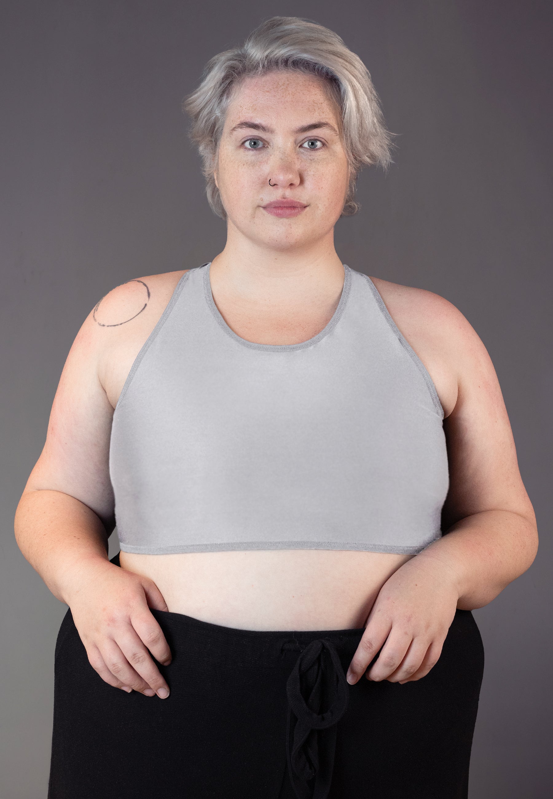 UNTAG FTM trans masc non-binary tank swim short chest binder grey front model 