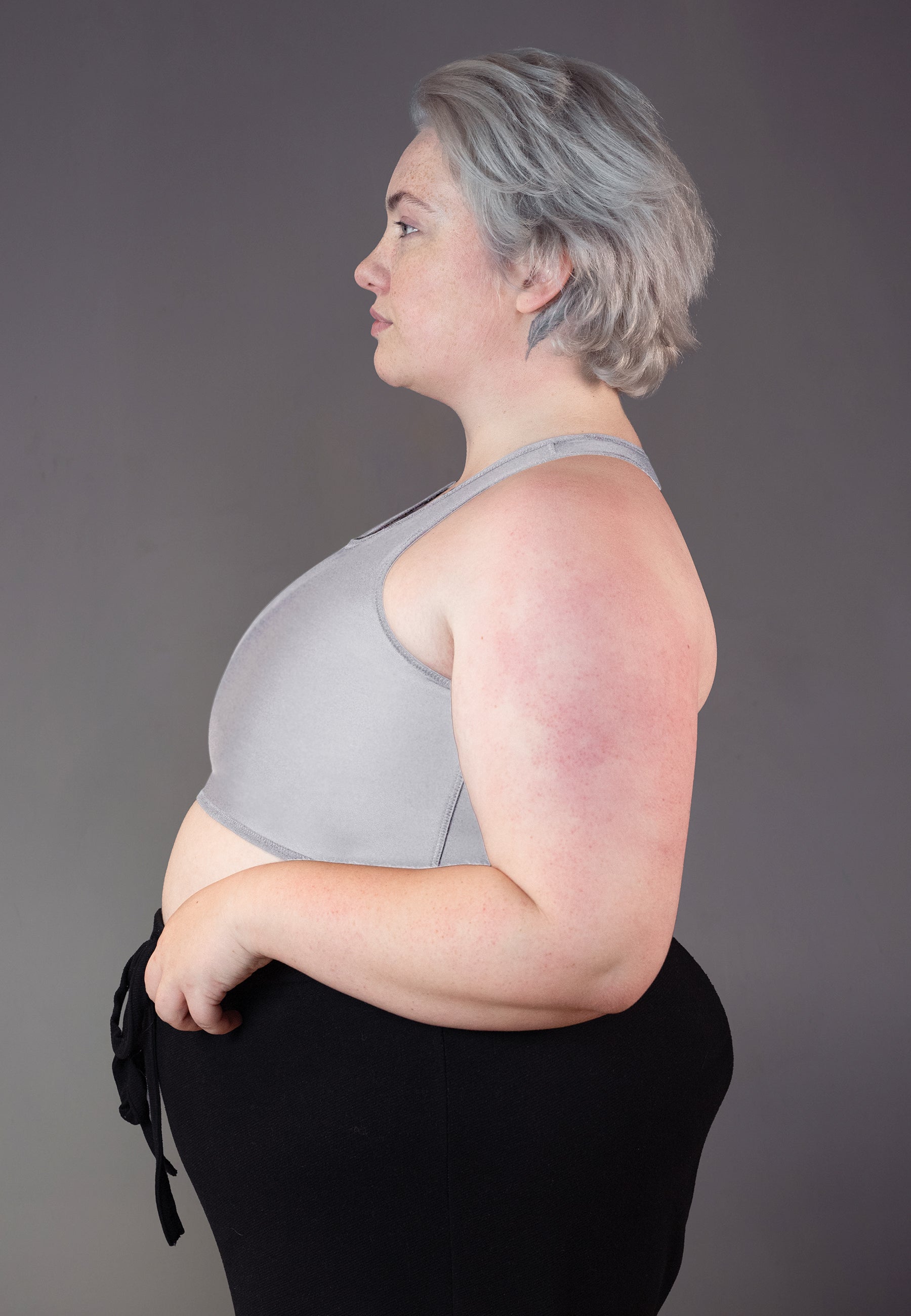 UNTAG FTM trans masc non-binary tank swim short chest binder grey back model 