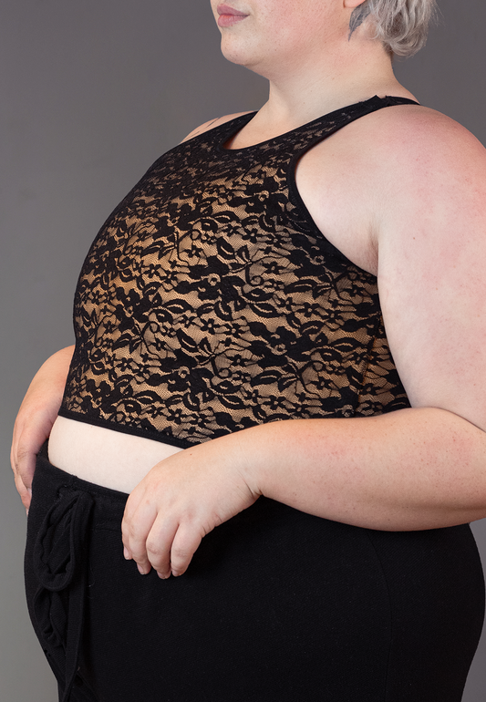 UNTAG short chest binder lace caramel black FTM trans masc non binary close up 