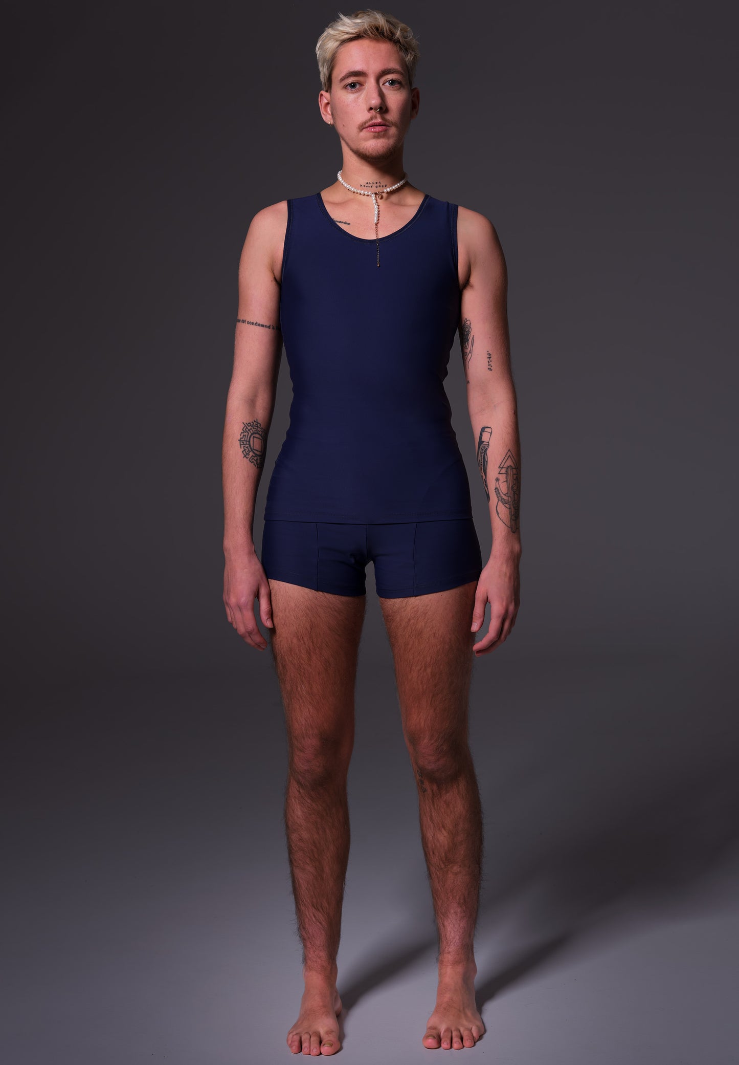FtM trans fitted swimming built-in chest binder dark blue queer front 1 model 