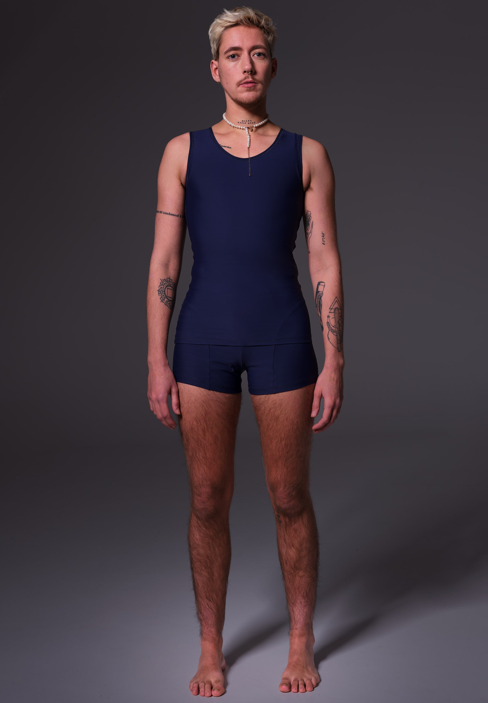 FtM trans fitted swimming built-in chest binder dark blue queer front 1 model 