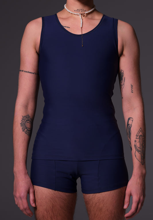 FtM trans fitted swimming built-in chest binder dark blue front model