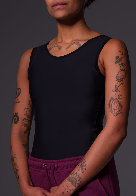 FtM trans fitted swimming built-in chest binder black front model