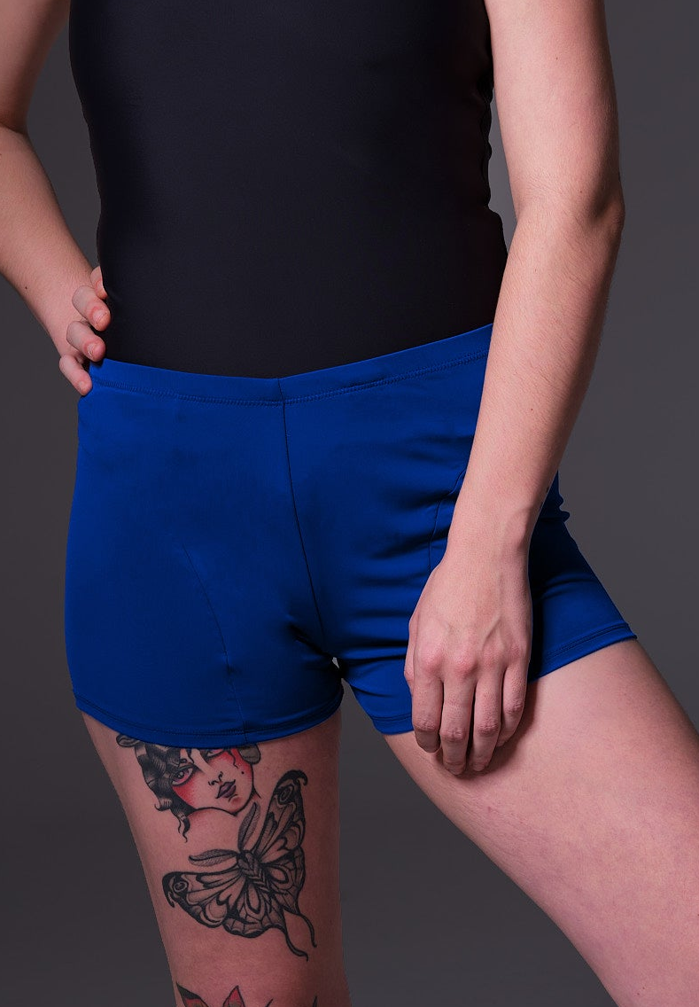 UNTAG FtM trans masc non binary swim cobalt blue swim shorts packing model front