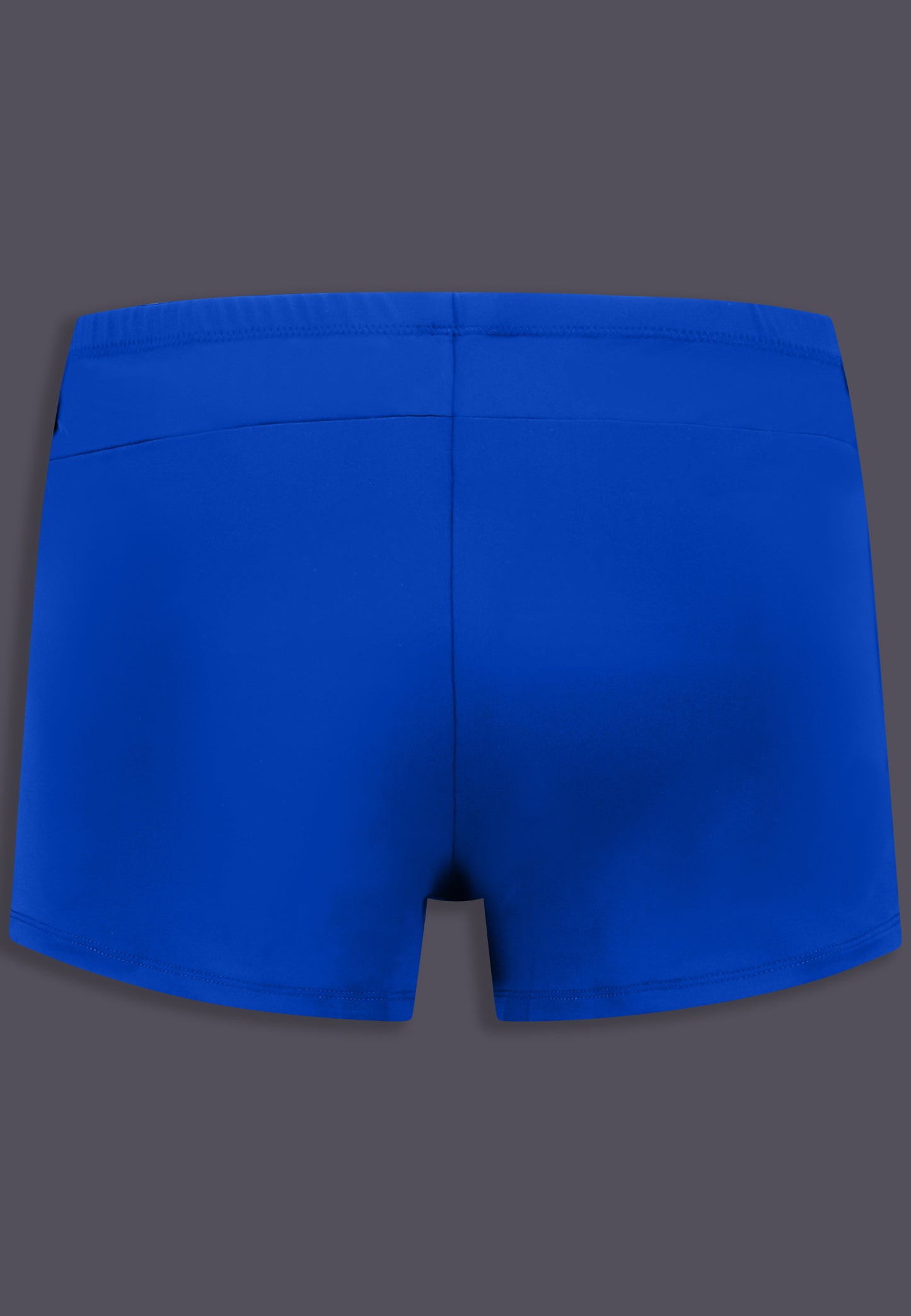UNTAG FtM trans masc non binary swim cobalt blue swim shorts packing product back