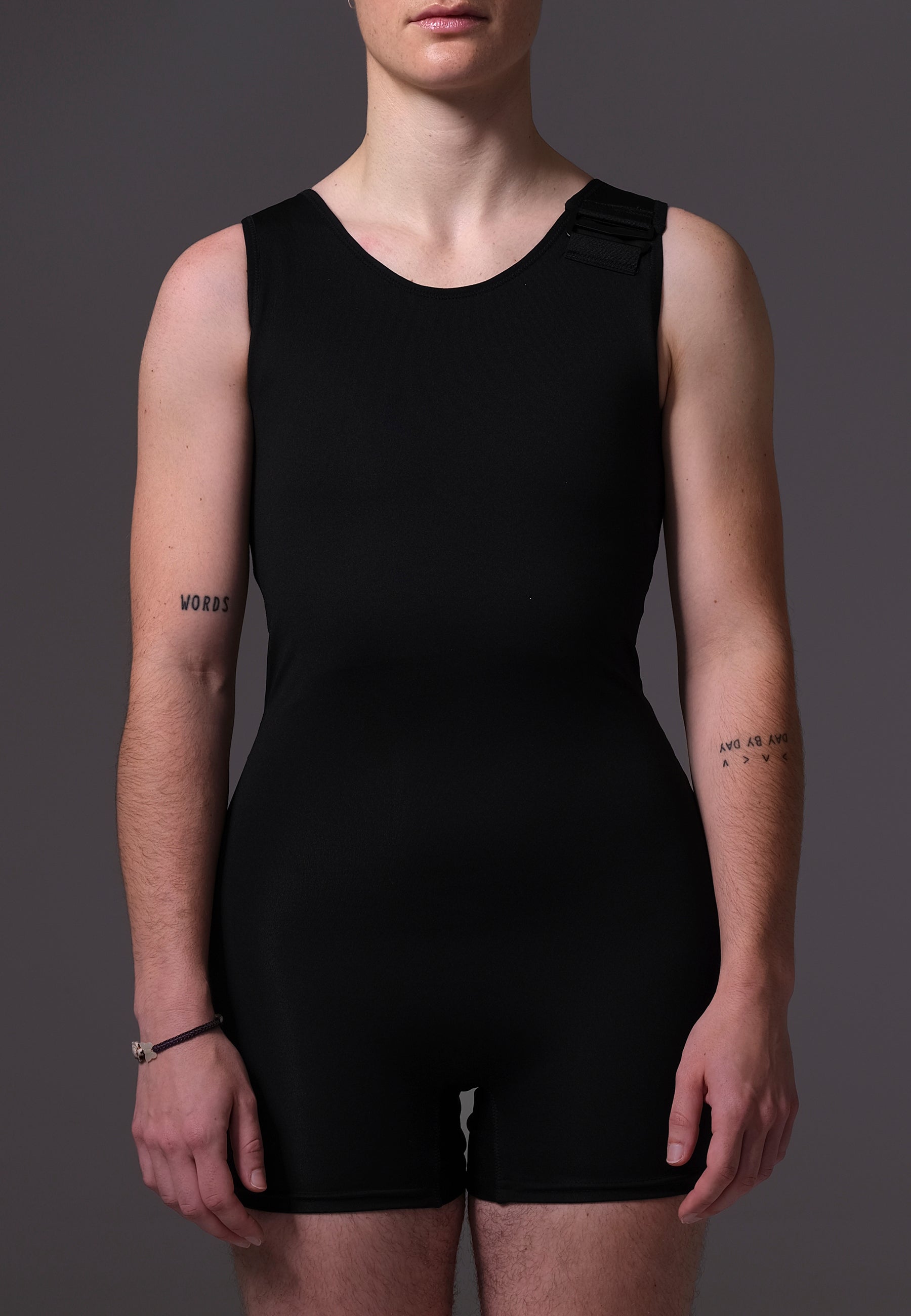Swim Chest Binder Swimsuit with hook closure black FtM masculine trans swimwear - UNTAG - model front