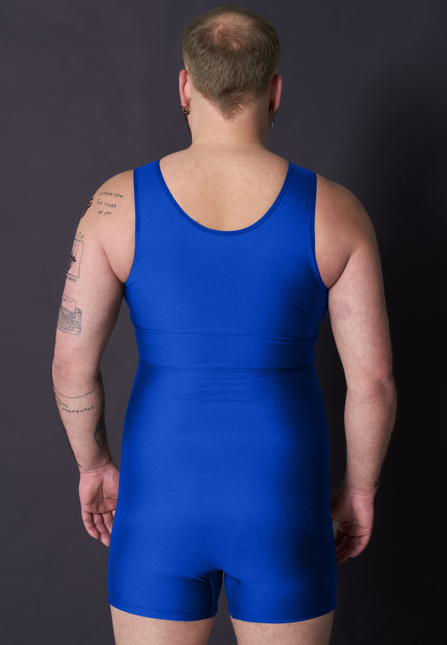 UNTAG FtM trans masc non binary swimsuit hook blue chest binder model back zoom