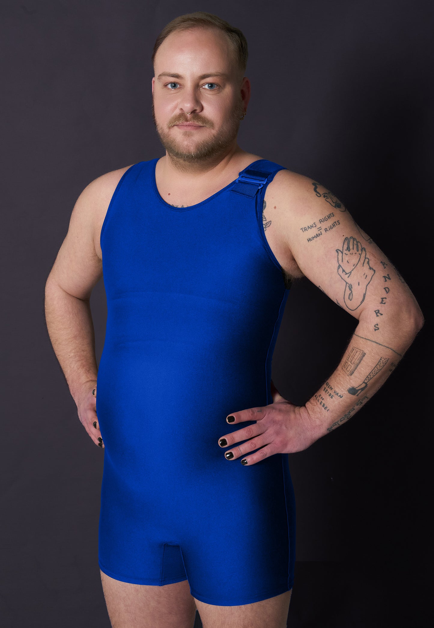 UNTAG FtM trans masc non binary swimsuit hook blue chest binder model front 2