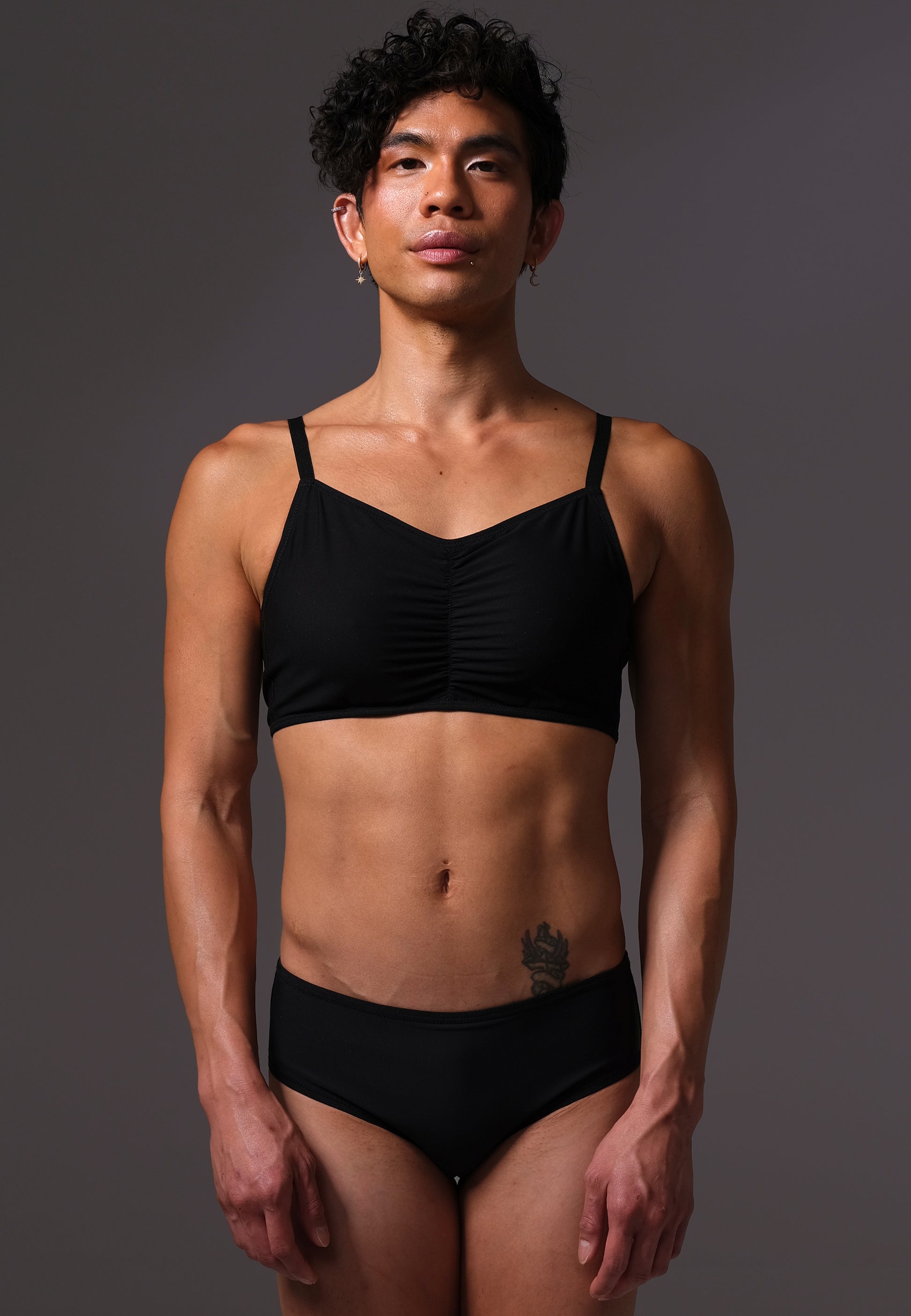MtF trans femme UNTAG black bikini top front close up model