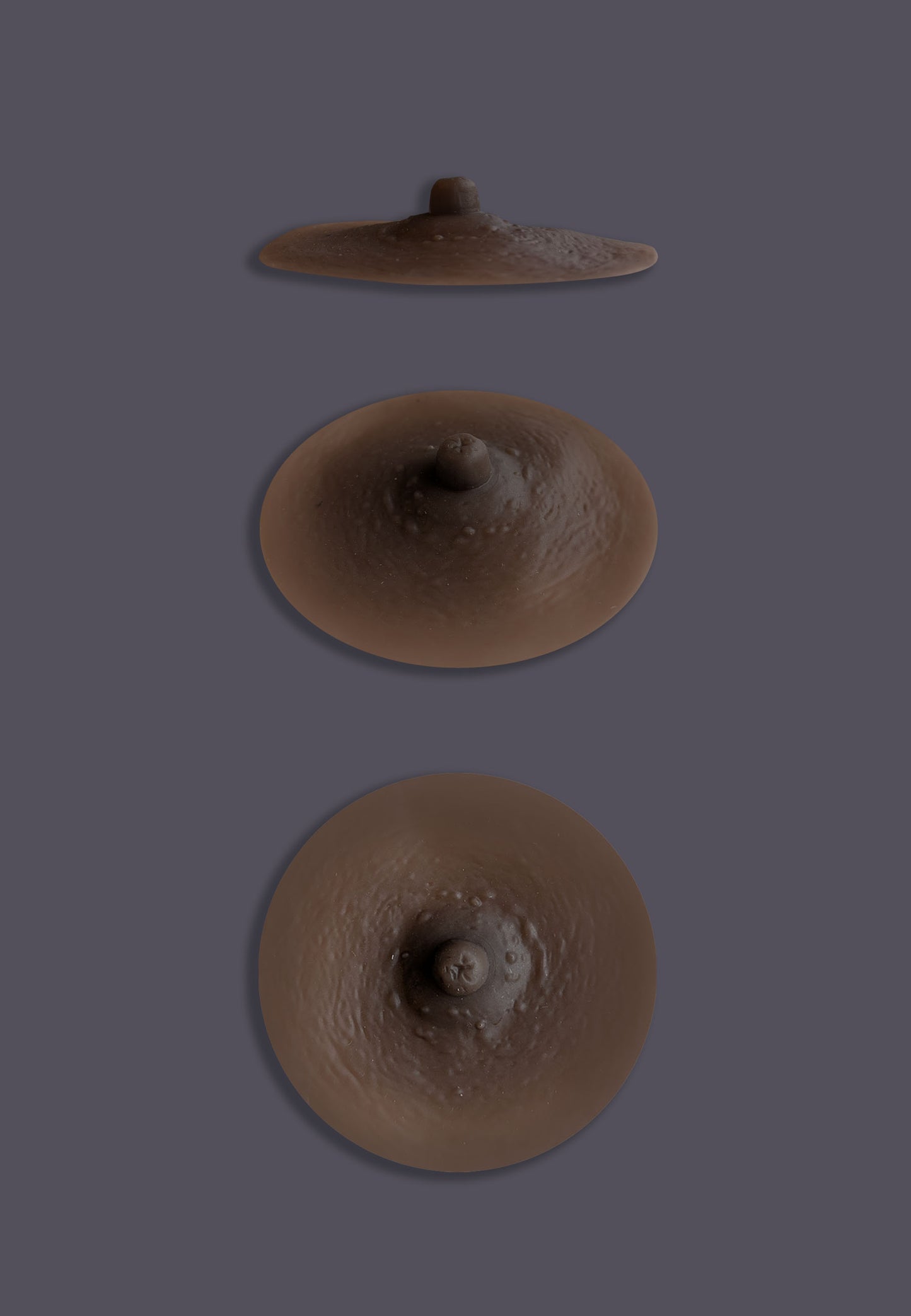 Chocolate colored silicone nipples seen from all angles