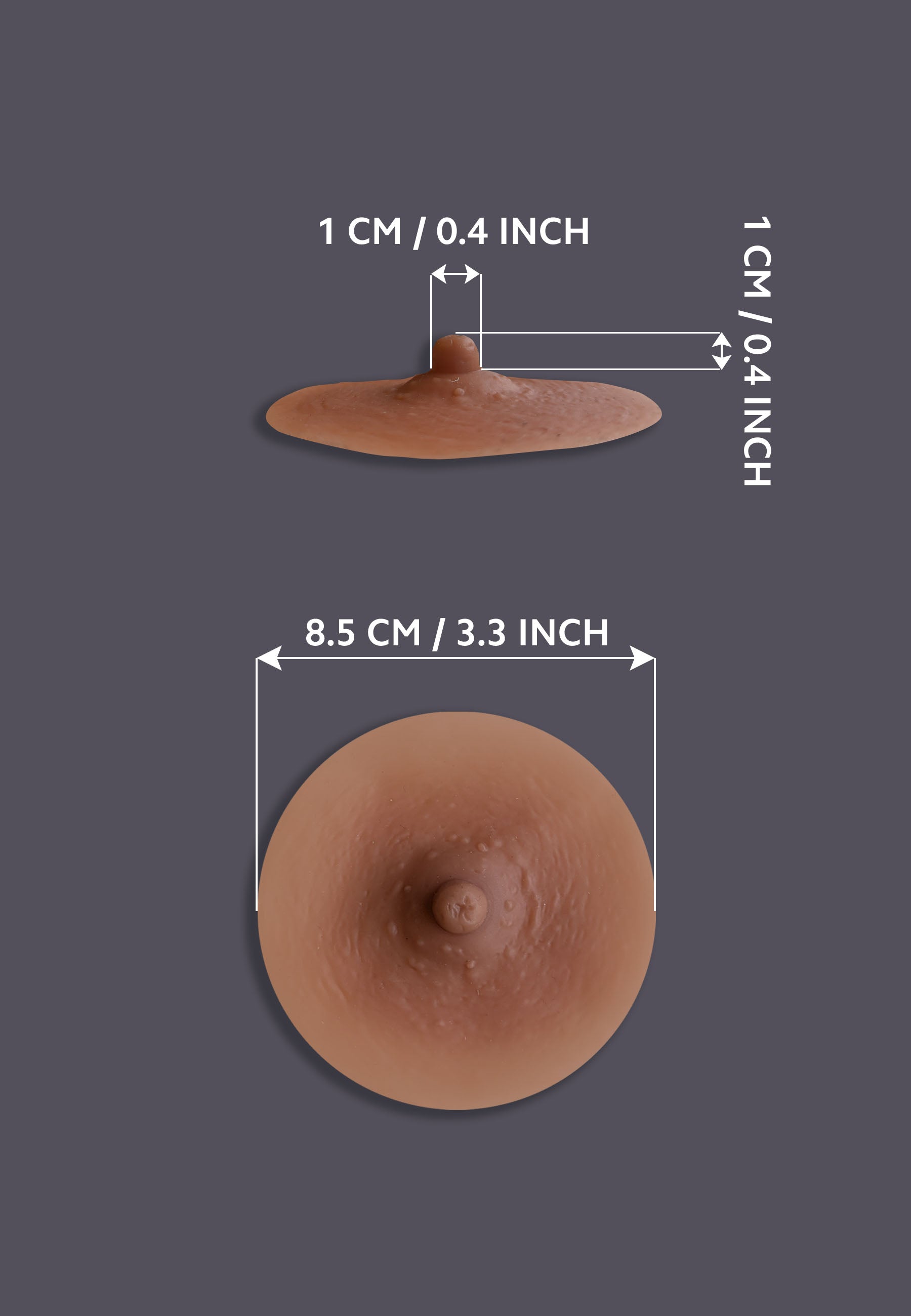 The dimensions of the realistic silicone nipples for a femme look