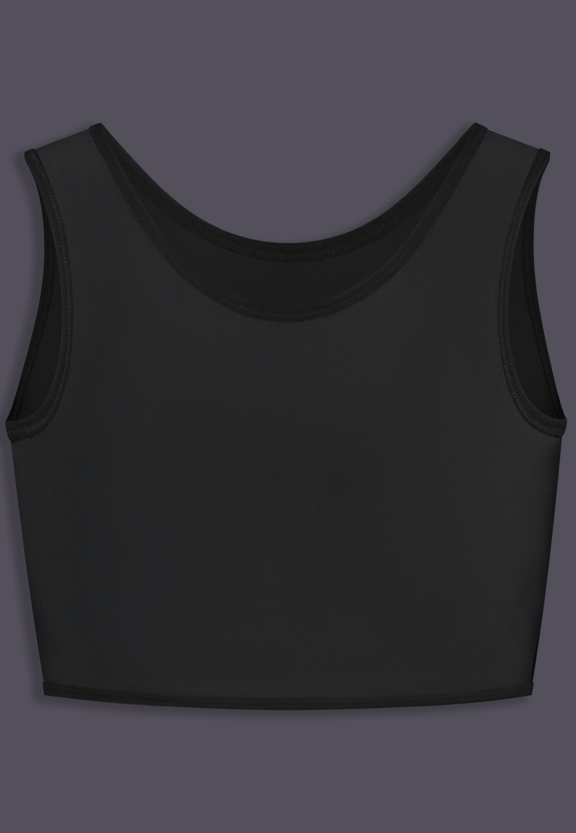 Long, black, sports chest binder, flattening breasts