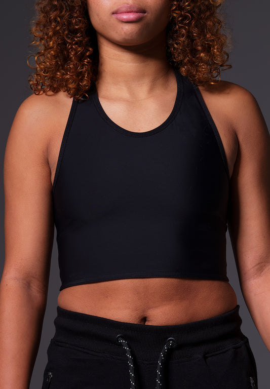 Long, black, sports chest binder, flattening breasts